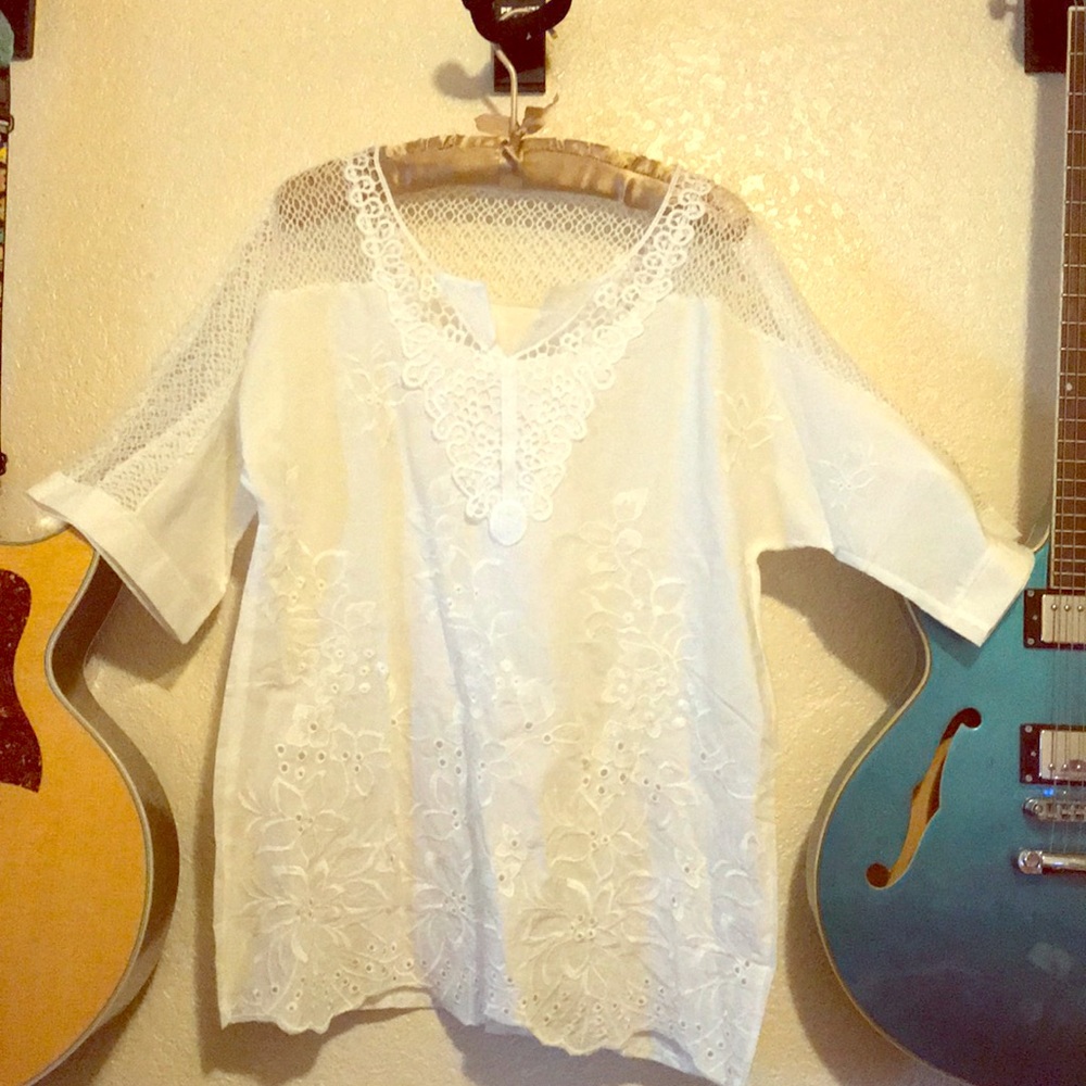 White Cotton Lace Embroidered Shirt